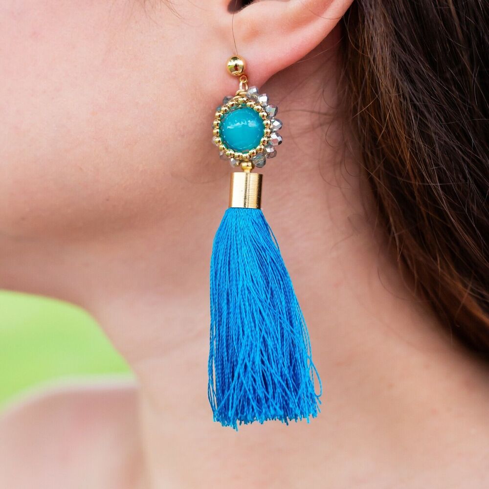 Handmade Women's Blue Tassel Earrings – Statement Rustic Urban Mexican Jewelry